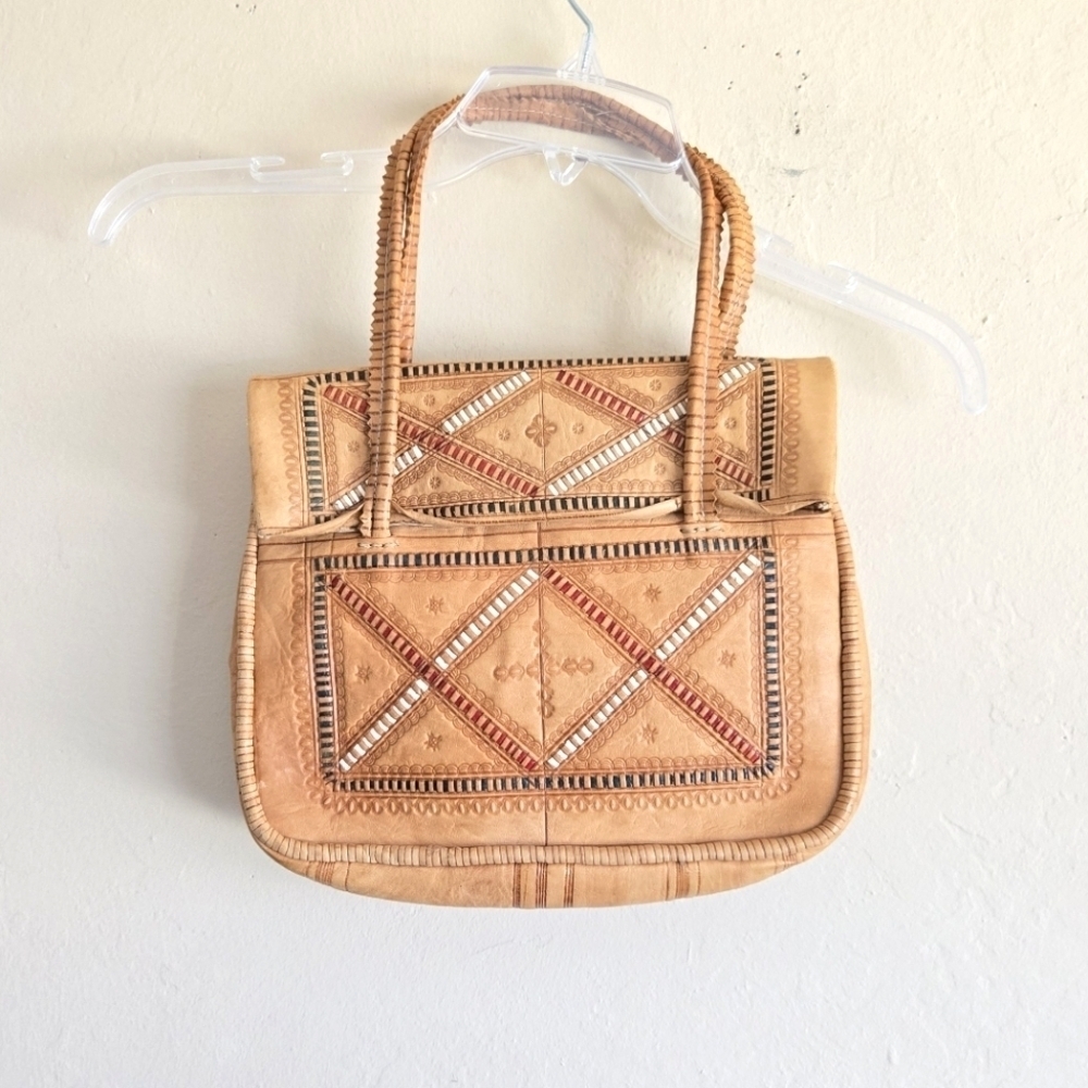 Vintage Tan Hand Tooled Leather Shoulder bag Handbag with Geometric Design